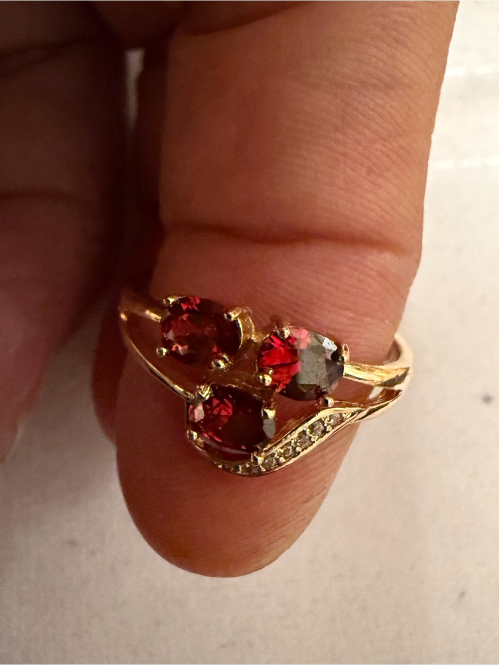 Gold-Tone Red Garnet Triple Stone Ring